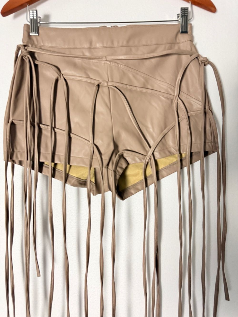 Hot & Delicious Tan Fringe High Waist Leather Shorts - Picture 3 of 9